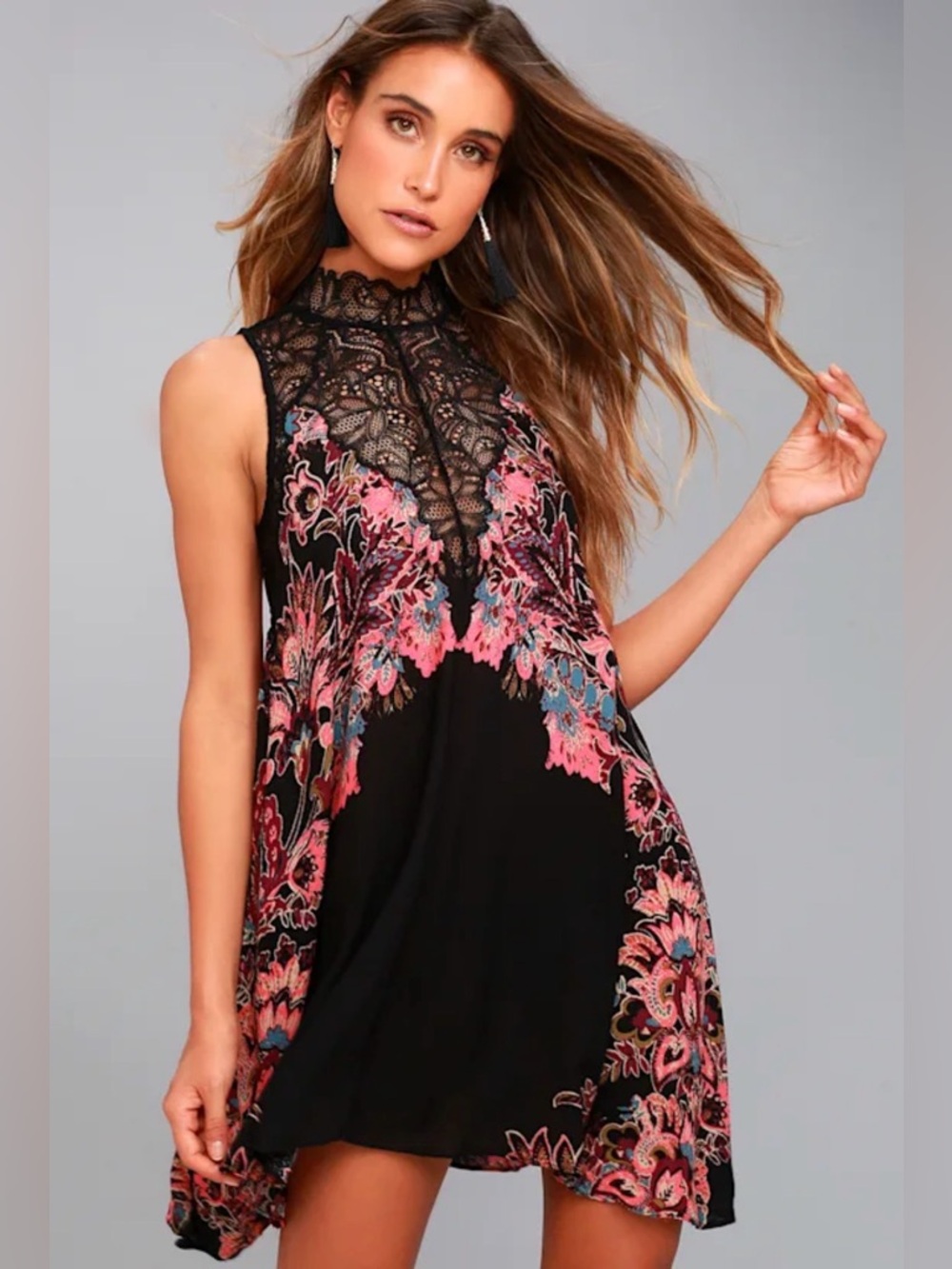 Free People Intimately Boho Whimsygoth Black Lace Mock Neck Slip Dress Size S